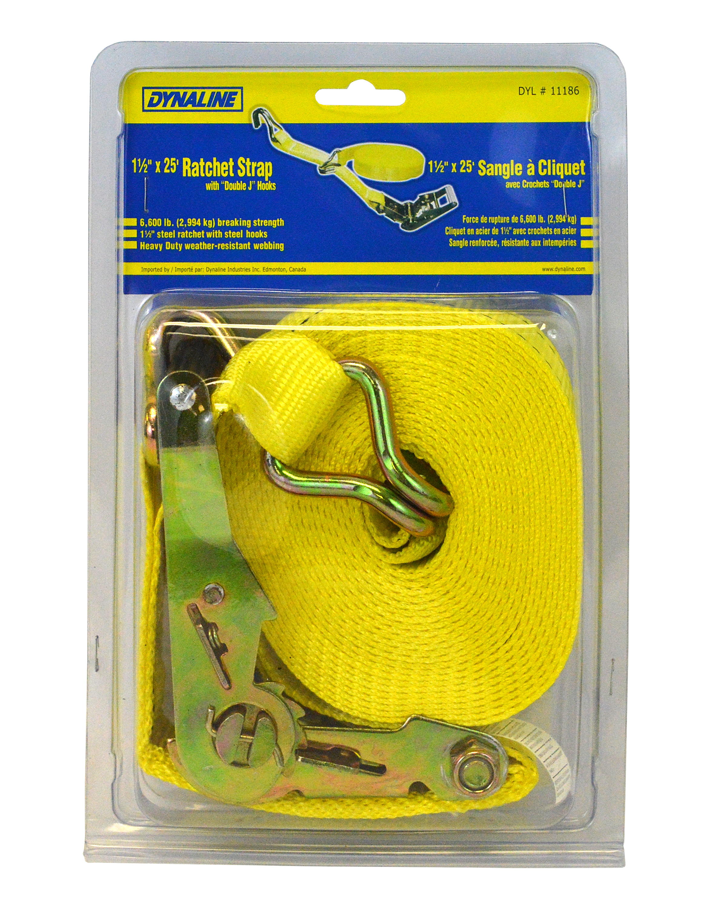 Ratchet Strap 1-1/2 x 25' 6000 lb. Double J hooks Yellow