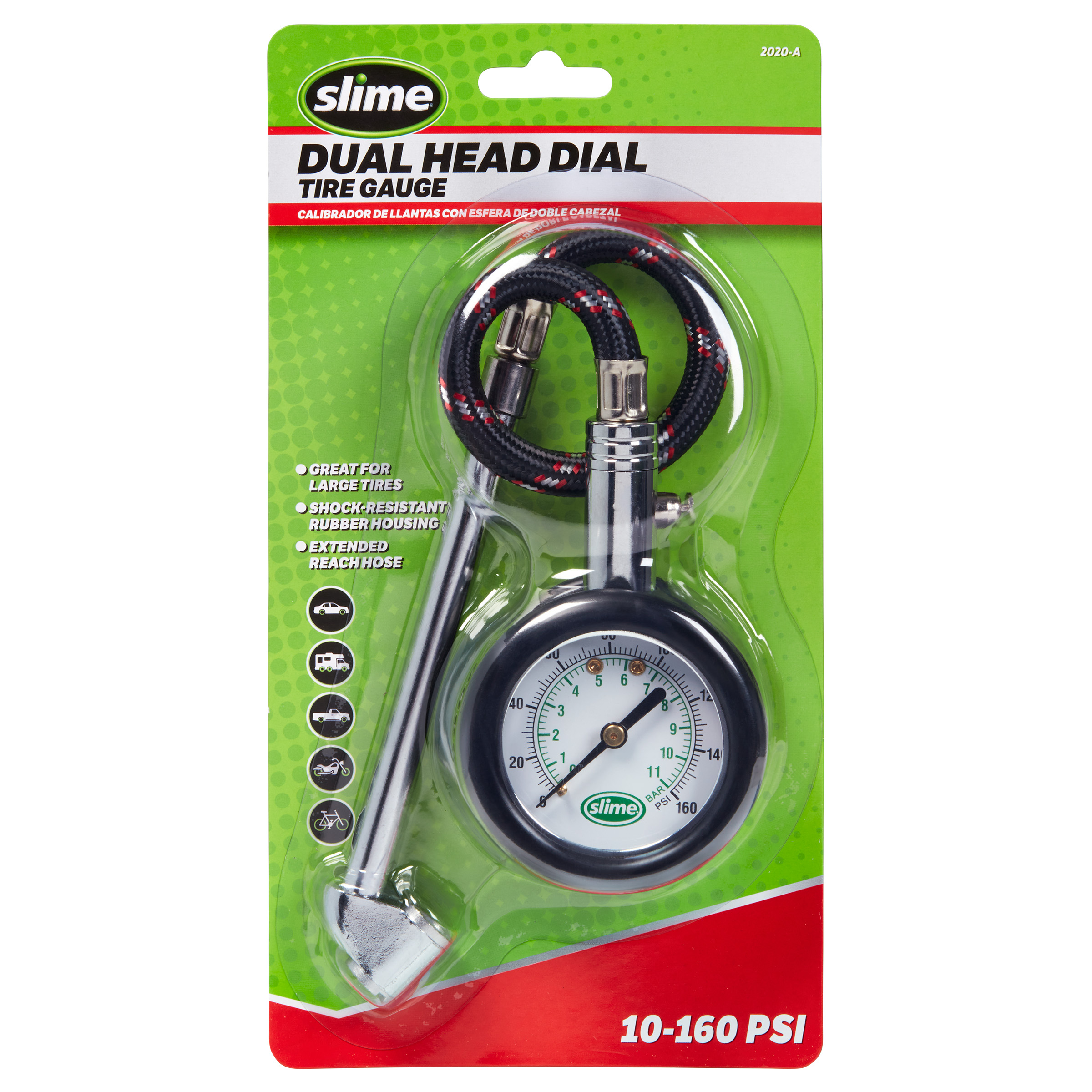 Slime® 10-160 Psi Dual Head Dial Tire Pressure Gauge With Flexible Hose