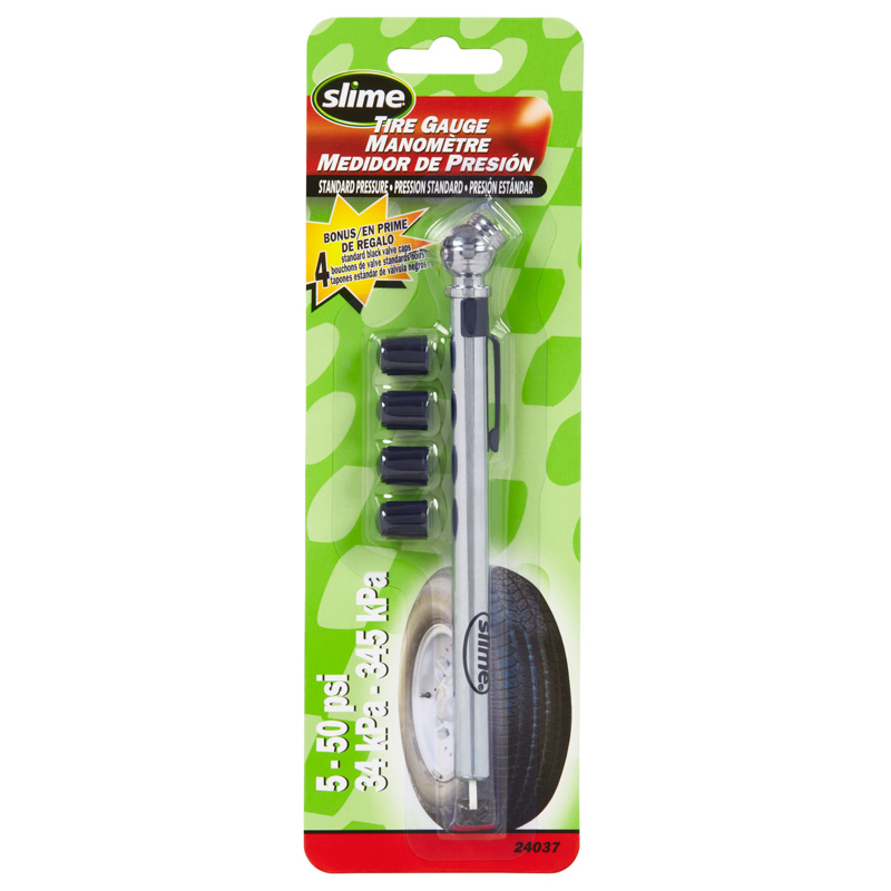 Manomètre à crayon Slime® de 5 à 50 psi pour pneus avec bouchons de valve
