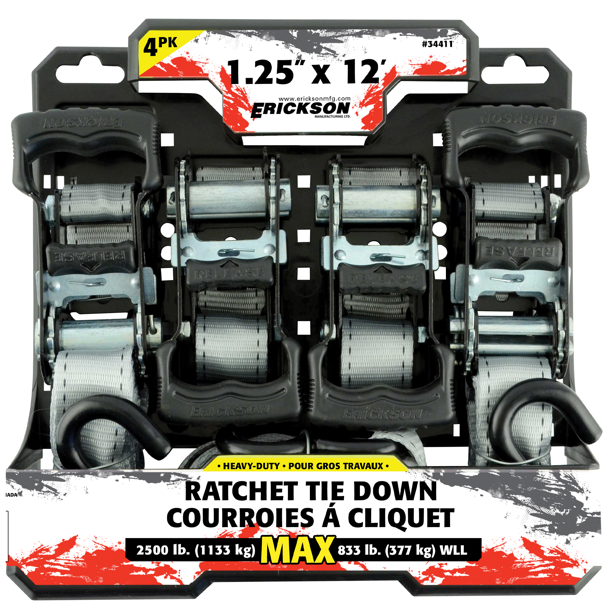 1.25-in x 12-ft – 2500 lb Ratcheting Tie-Downs - Pack of 4