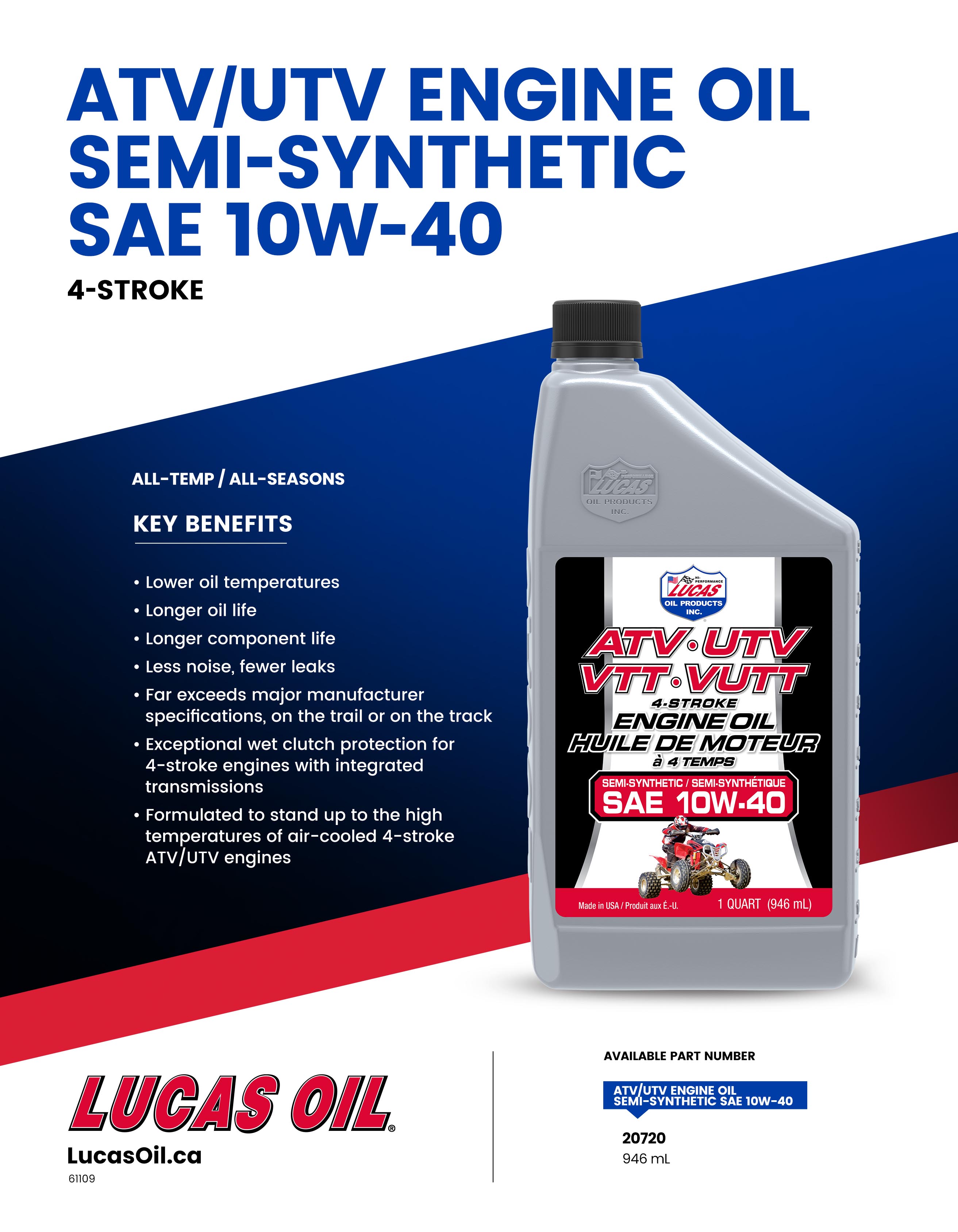 Huile moteur semi-synthétique SAE 10W-40 pour VTT, 946 ml